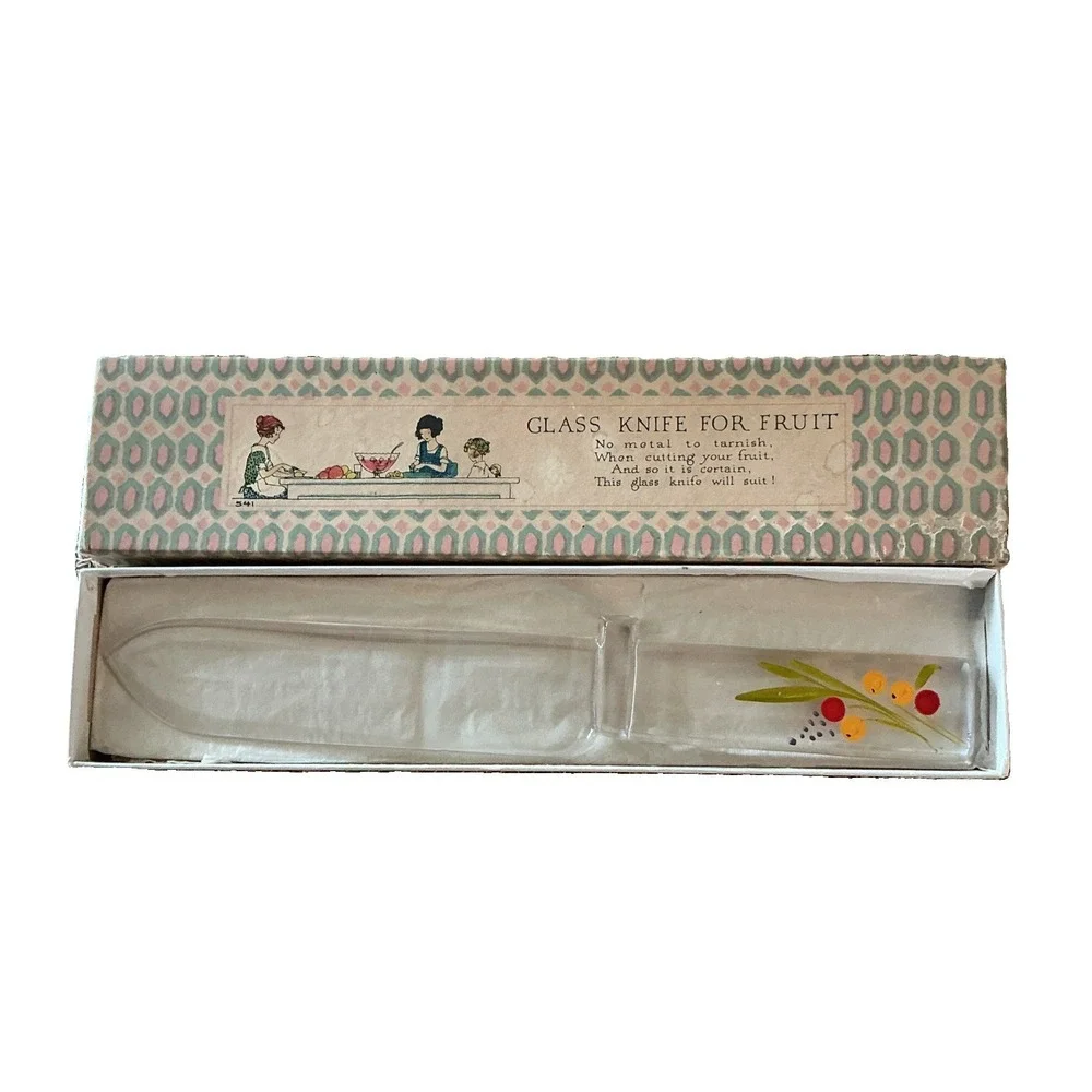 Vintage Painted Fruit & Flowers Clear Glass Fruit/Cake Knife In Original Box